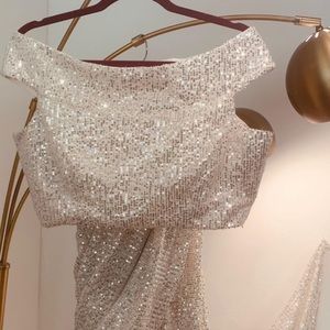 White sequin pleated saree with blouse